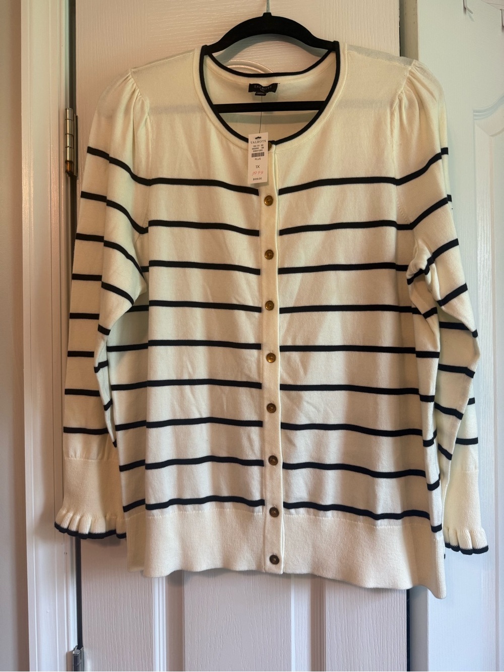 Talbots Cream Cardigan with Black Stripes and Gold-Tone Buttons